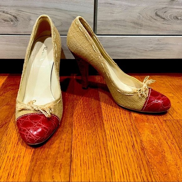 Prada Cream Tweed & Red Leather Round Toe Pump Heels 38 - Picture 1 of 8
